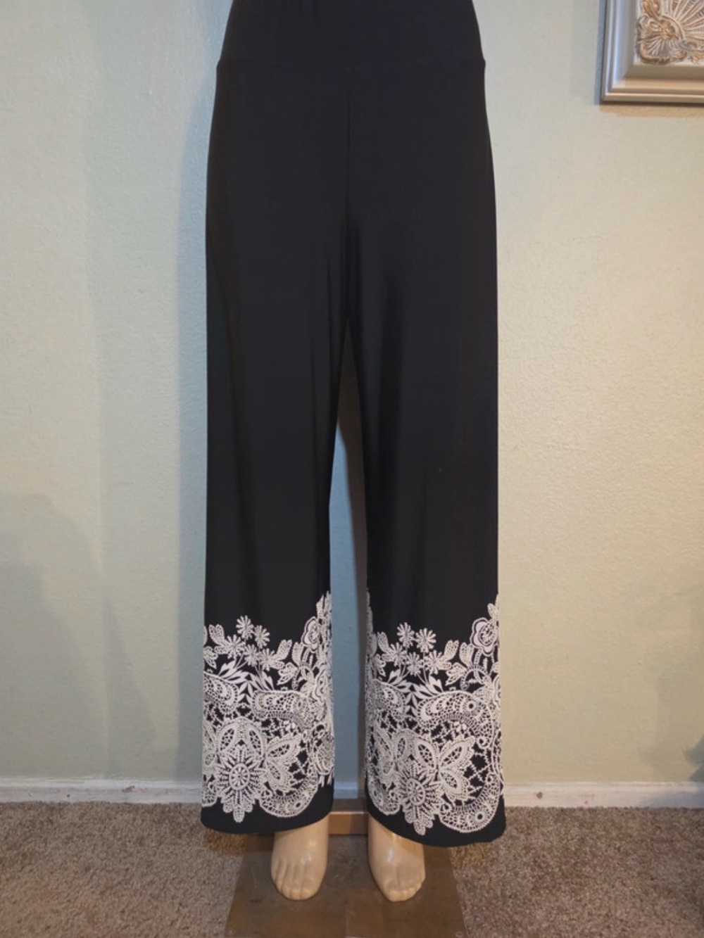 Coco Bianco Black Wide-Leg Pants with White Lace Trim